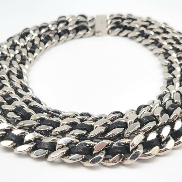 Yves Saint Laurent HEAVY Triple Curb Chain Statement Necklace w Leather Inlay - Picture 4 of 13